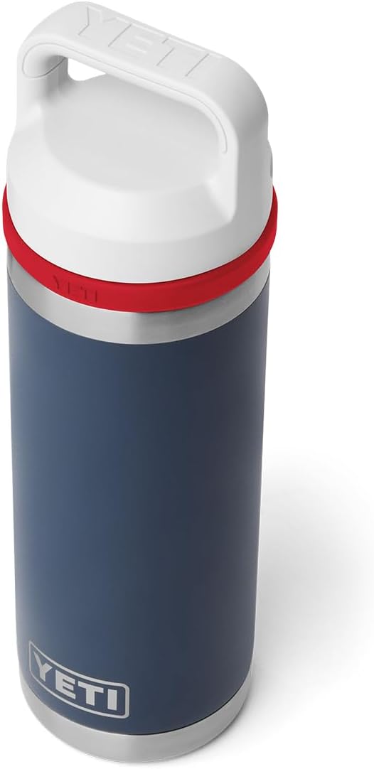 YETI Rambler 18 oz Bottle, Vacuum Insulated, Leakproof, Stainless Steel with Chug Cap, Navy/Rescue Red/White