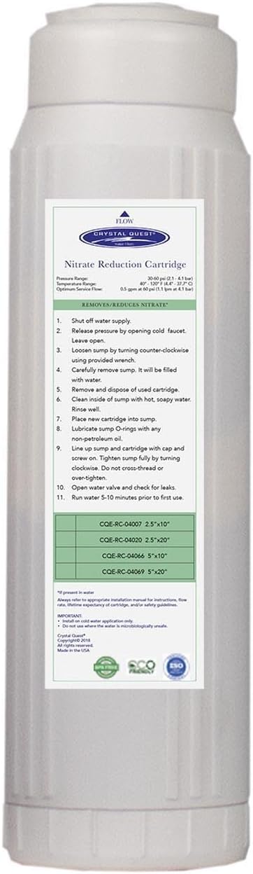 Crystal Quest Nitrate Reduction Water Filter Cartridge – High Capacity, Specialized Resin, Easy Installation, Reliable Performance 2-7/8" x 9-3/4"
