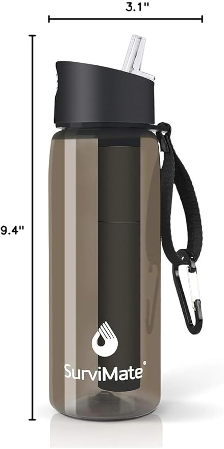 SurviMate 5-Stage 0.01μm Ultra-Filtration Filtered Water Bottle, BPA-Free Material, NSF/ANSI 42&372 Certified, Portable Water Filter Bottle for Survival, Camping, Hiking, and Emergency Use