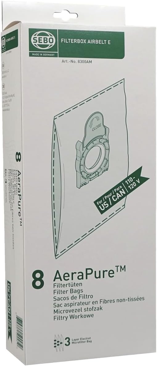 SEBO Filter Bag Box Airbelt E, 8 Three-Layer Ultra Bags with caps #8300AM