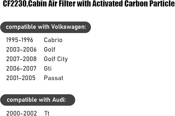CF3318,Cabin Air Filter with Activated Carbon Particle for Volkswagen:1993-2004 Jetta,1998-2010 Beetle,2001-2005 Passat,1993-2006 Golf,CC.Audi:1998-2005 A3,TT,S3.Seat:Ibiza,Leon,Toledo,Cordoba.