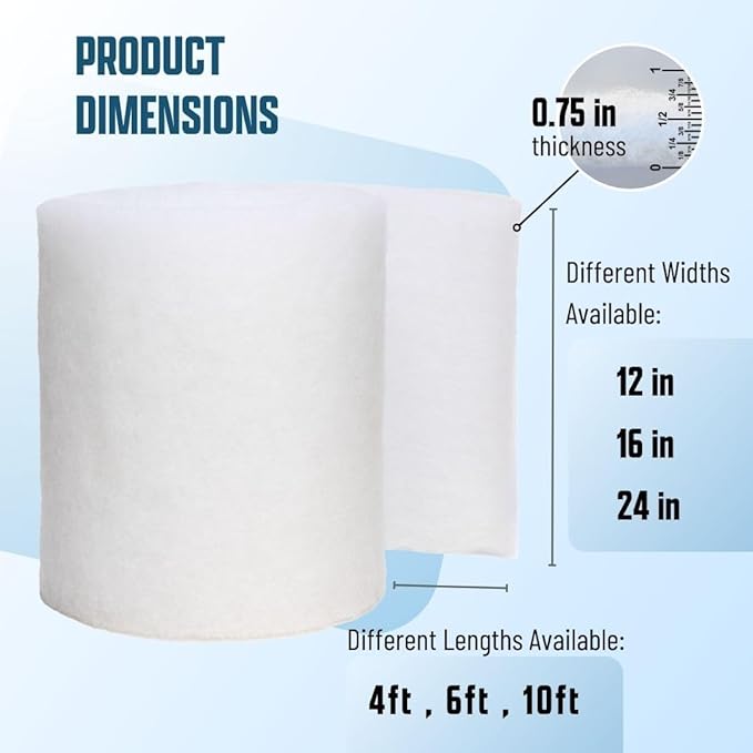 Premium Aquarium Filter Media Pad - Cut-to-Fit Roll, Fresh and Saltwater Safe, Blue & Dye-Free Options, Made in USA (Dye Free, 12"x120" (10 ft) x 0.75")