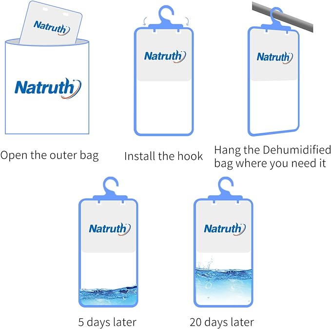 NATRUTH 12-PACK Moisture Absorber Bags With Fresh Linen,Desiccant Hanging Bag Use for Kitchen Bathroom Wardrobe, Eliminates Odors, Hanging Closet Dehumidifier Bags for Closet