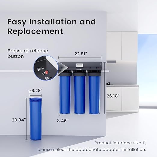 Waterdrop 3-Stage Whole House Water Filter System,Reduce Iron&Manganese,with Carbon &Sediment Filters,7-Stage Filtration,Reduce Lead,Chlorine,Odor,5 Micron WHF3T-FG,1" Inlet/Outlet