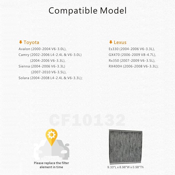 CF10132 Cabin Air Filter with Activated Carbon Compatible with Toyota Avalon/Camry/Sienna/Solara, Lexus ES330/GX470/RX350/RX400h 2006-2008 - Replaces 87139-06030