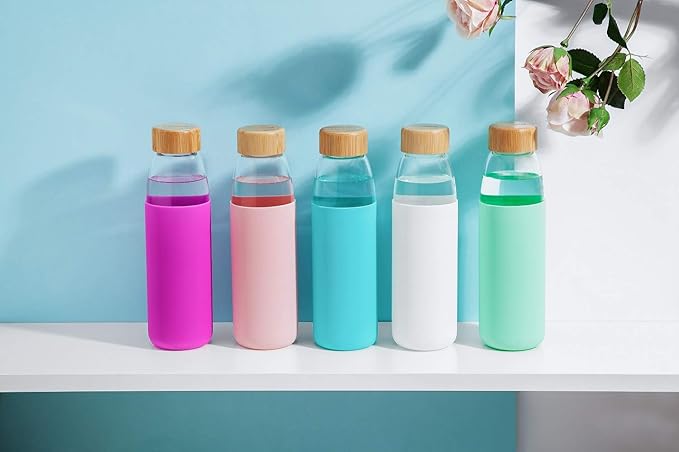 veegoal 18 Oz Borosilicate Glass Water Bottles with Bamboo Lid, BPA-FREE, Non-Slip Silicone Sleeve, and Stainless Steel Leak Proof Lid - Reusable Glass Bottle for Men and Women