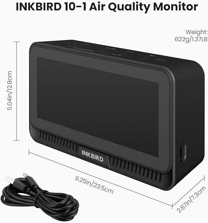 10-in-1 Air Quality Monitor with WiFi App Alerts | CO2, PM2.5, HCHO, TVOC Detector | 6.1" HD Display & 2Y Data Storage | Wall/Desk Mount for Home, Office, School (Black)