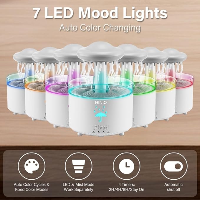 Rain Cloud Humidifier Water Drop,Octopus Aromatherapy Humidifier with 7 Colors LED Night Light with Remote Control for Bedroom Sleep Relaxation (White)