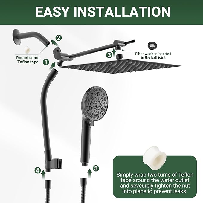 All Metal 3-Way Rain Shower Head,10 Spray High Pressure Showerhead Combo,Shower Filter Head For Hard Water, Adjustable Bar Upgrade Dual Shower Head-Reduces Dry Itchy Skin Black