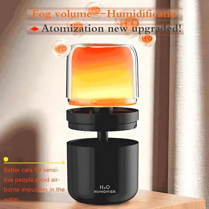 LED home spraying humidifier with high simulation flame atmosphere light,2.3W and 280ml water tank,dynamic state and static state flame (Black housing)