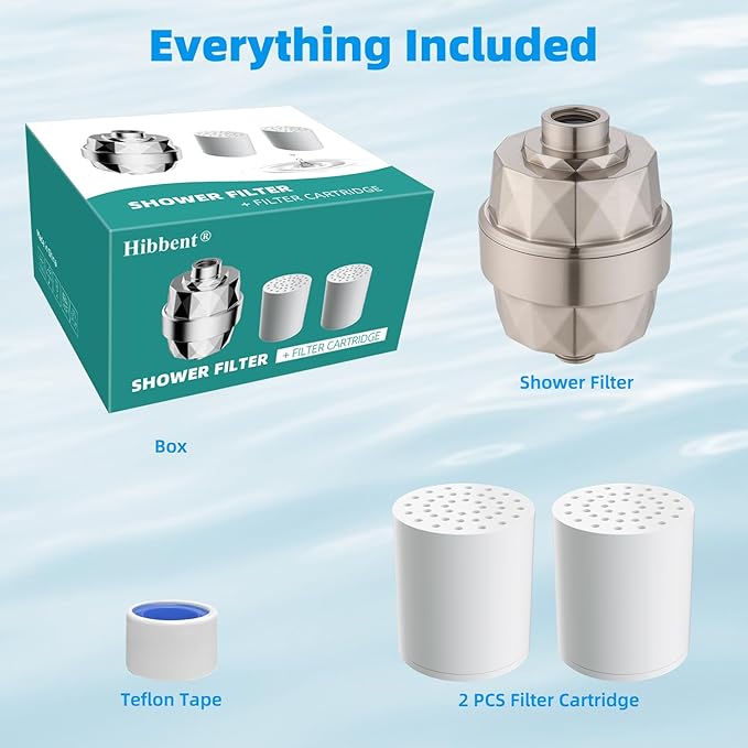 Hibbent Shower Filter for Hard Water, High Output Shower Head Filter to Remove Chlorine and Fluoride, 20 Stage Showerhead Filter, Shower Filter with 2 Replaceable Filter Cartridges, Brushed Nickel