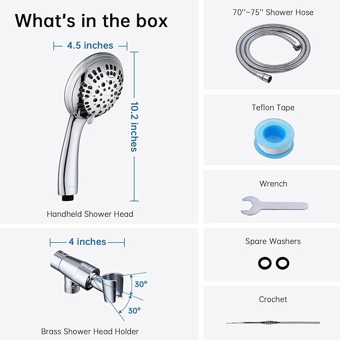 G-Promise High Pressure Shower Head 6 Spray Setting with Adjustable Solid Brass Shower Arm Mount and Extra Long Flexible Stainless Steel Hose (Chrome)