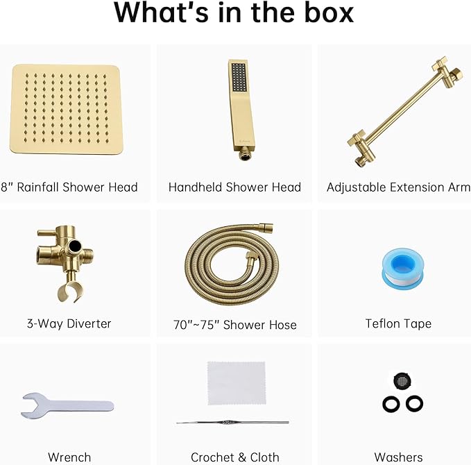 G-Promise All Metal 8-Inch Dual Square Shower Head Combo, Rain Shower Head, Handheld Shower Wand with 71-Inch Extra Long Hose, 3-Way Diverter, Adjustable Extension Arm, Brushed Gold