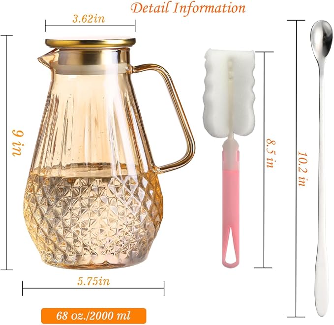 Glass Pitcher With Lid, Amber Color, Diamond Pattern, Borosilicate Glass, Stainless Steel Lid, Glass Kettle for Tea, Milk, Hot and Iced Beverages, 2000ml, 68oz, WONCRYS