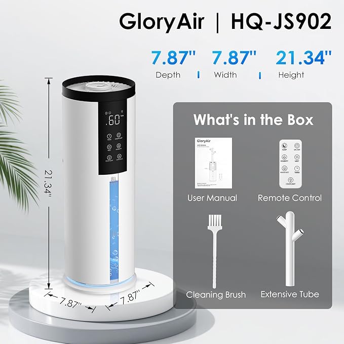 Humidifiers for Bedroom - GloryAir 2.11Gal (8L) Quiet Top Fill Cool & Warm Mist Humidifier Large Room 650 ftΒ² with Humidistat, diffuser, Auto Mode, 7-Color Light for Plants, Baby,Adults, Office & Home