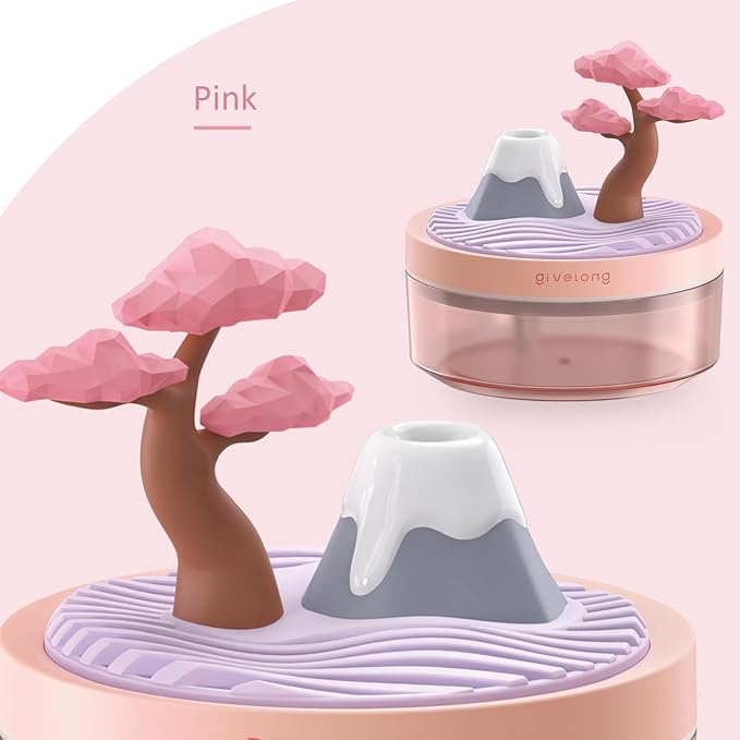 Mini Portable Desktop Humidifiers for Bedroom,Small Humidifier with Cherry Tree,Quiet,Cool Mist, Auto Off,7 Colors Night Light,320ml Air Humidifier Home Office Travel(PINK)