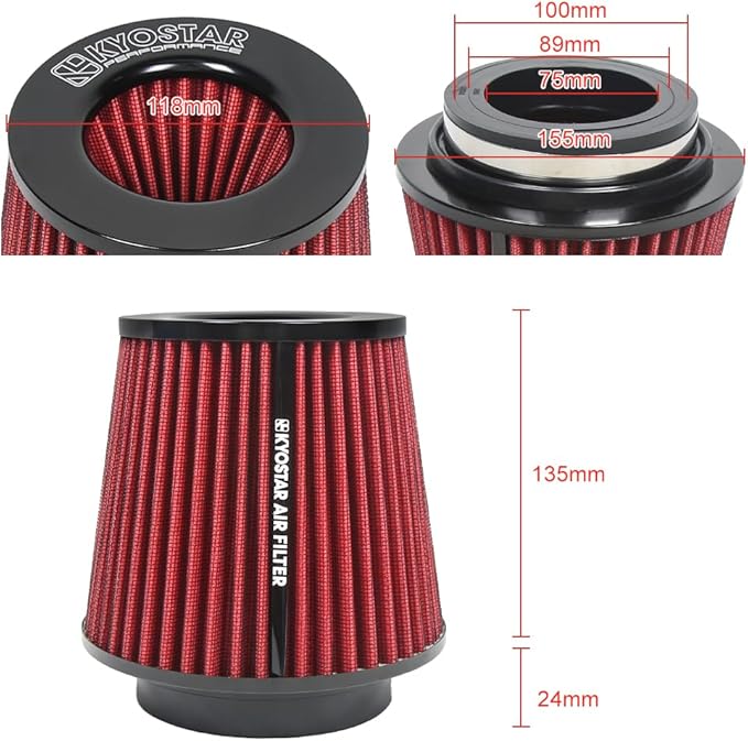 Kyostar 3/3.5/4inch Inlet Cold Air Intake Cone Replacement Performance Washable High Flow Dry Air Filter, Red