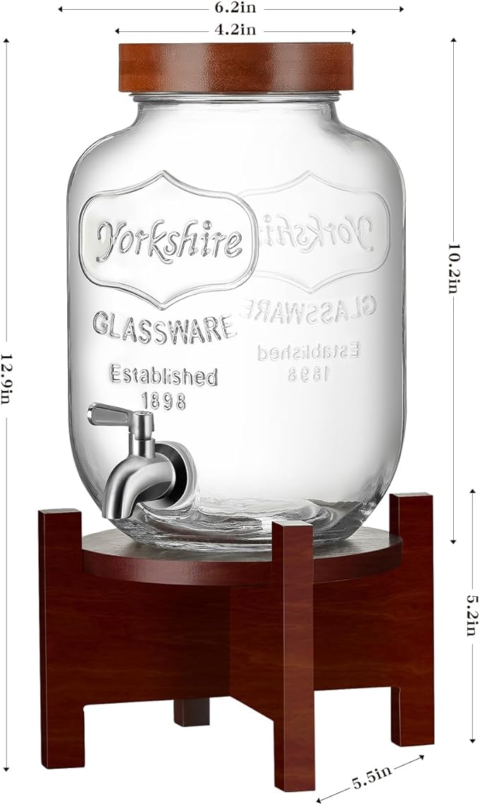 Glass Drink Dispenser with Acacia Wood Stand and Lid,1 Gallon Beverage Dispenser with Stainless Steel Spigot for Parties,Picnics,Barbecues,Lemonade,Sun tea Jar,ice coffee,Laundry Detergent Dispenser