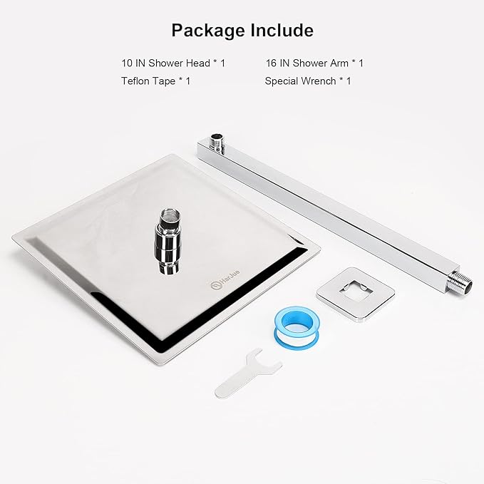 HarJue Shower Head with Extension Arm, High Pressure Square with ShowerArm, Stainless Steel Rainfall -Waterfall Full Body Coverage (10'' Shower with 16'' Arm, Chrome)
