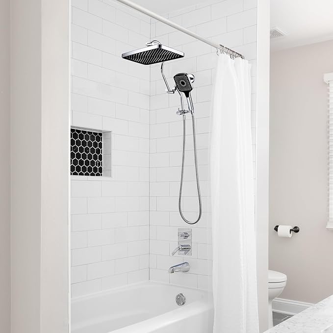 13 Inch Rainfall Shower Head with Multi-Function Handheld Sprayer Combo, 3-Way Metal Extended Diverter with Holder and Metal Adjustable Curved Shower Extension Arm, Extra Long Hose Chrome
