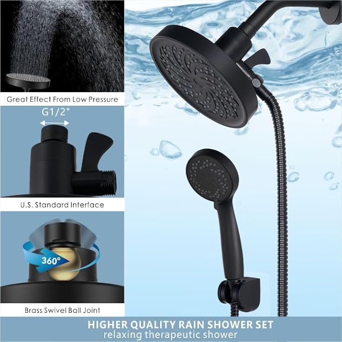 Rain Shower Head with Handheld, High Pressure Rainfall Showerhead and 3 Settings Hand held Spray Combo with Detachable Hose (Black)