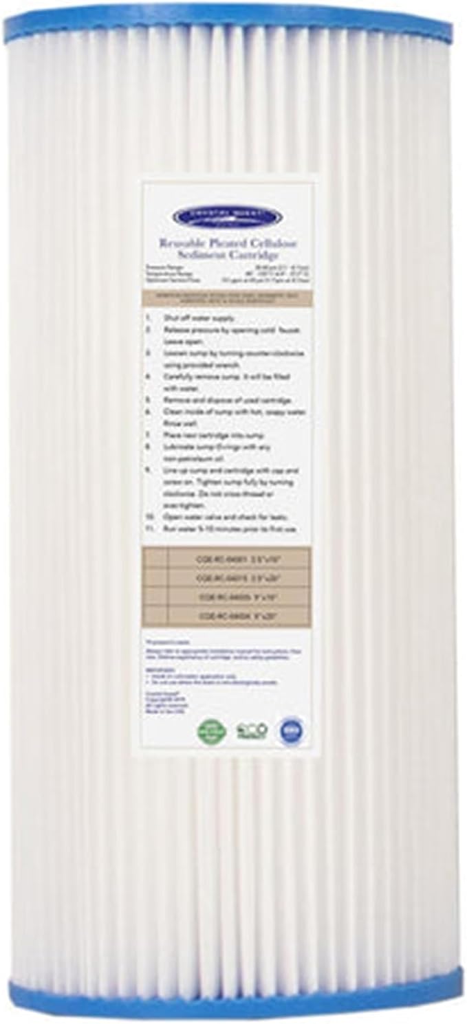 Crystal Quest Pleated Cellulose Sediment Cartridge - 4-5/8" x 9-3/4" - 5 Micron Filtration - Durable & Long-Lasting - High Dirt-Holding Capacity - Fits Residential & Commercial Systems