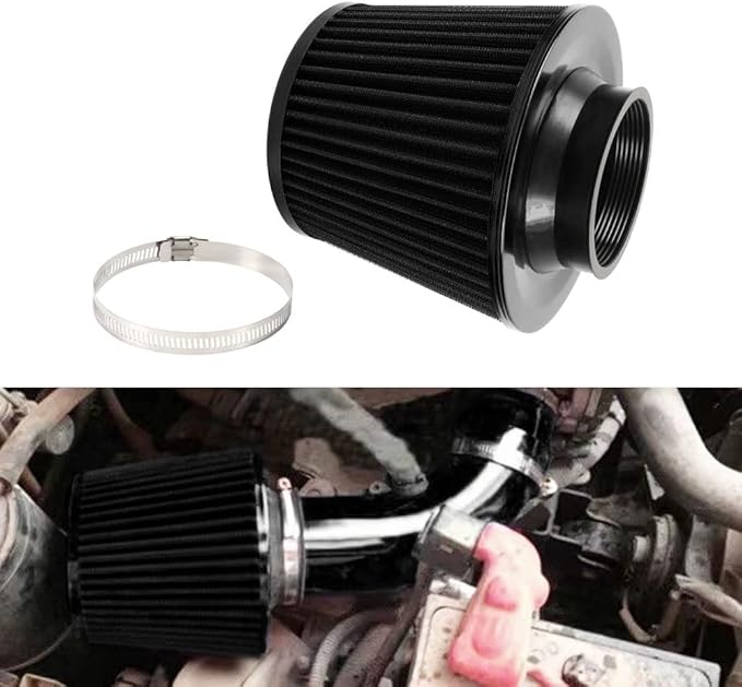 muge racing 3-inch Cold Air Intake Filter 76mm, High Performance Clamp-On Engine Intake Air Filter, Washable Reusable & Universal Round Tapered Replacement Air Filter, Black