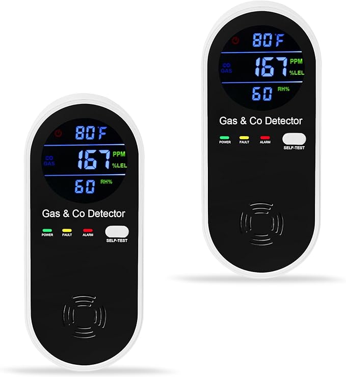 2 Packs Combination Gas & Carbon Monoxide Detector, 4-in-1 Natural Gas Detector & Carbon Monoxide Alarm with Temperature(°F) & Humidity,Propane & CO Detector for Home,RV,Apartment