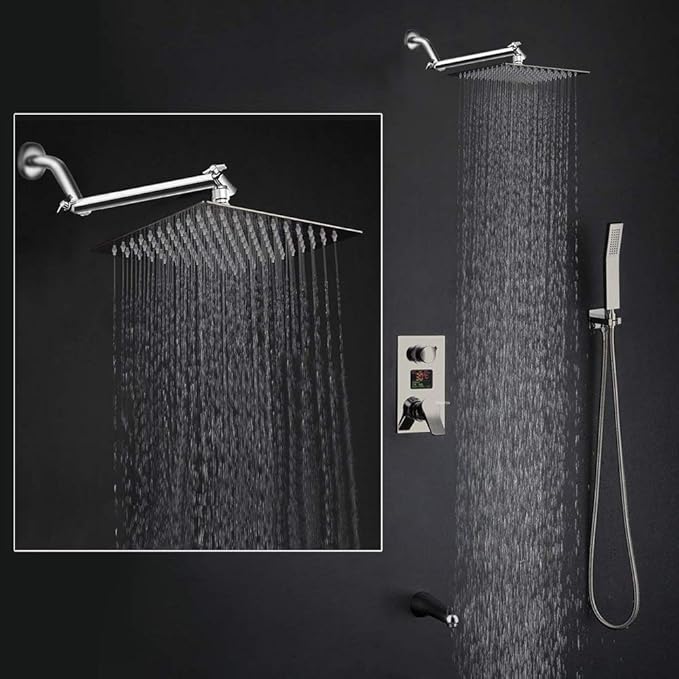 HarJue High Pressure Large Stainless Steel Square Rain ShowerHead With Shower Arm Waterfall Full Body Coverage Easy to Clean and Install (10 Inch with Arm, Chrome Finish)