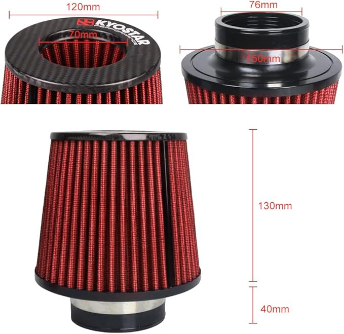 Kyostar Universal Carbon Fiber 3 Inch 76mm Air Intake Cone Filter Replacement Quality Dry Air Filter, Red