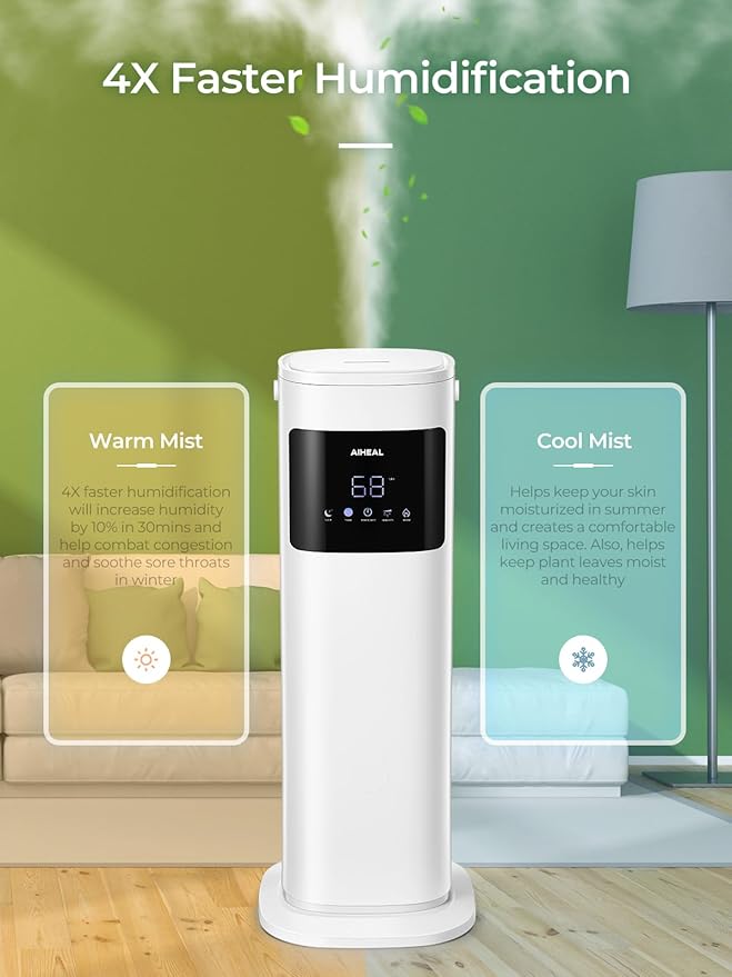 Humidifier for Large Room Home, 10.5L Top Fill Cool and Warm Mist Ultrasonic Floor Humidifiers for Baby and Plants with Customized Humidity, Timer, Sleep Mode, Auto Shut Off, Quiet, White