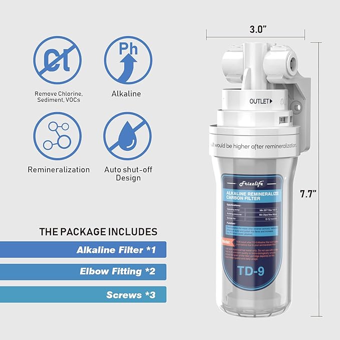 Frizzlife TD-9 Alkaline Remineralization Under Sink Inline Water Filter - Quick Twist Post Filter for RO Reverse Osmosis System, Reduce Chlorine, Adjust Taste & PH, Restore Essential Minerals