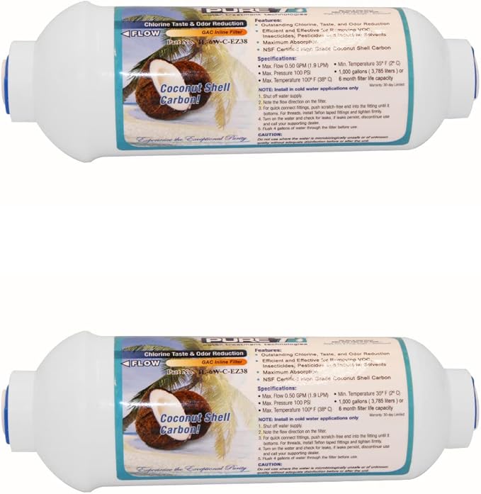 PureT IL-6W-C-EZ38-2, 6"x2" (3/8" EZ Connect) Inline Post GAC Carbon Filter - NSF Certified - Reverse Osmosis Water Filter, Lifetime of 1 Year or 700 Gallons (2 Pack)
