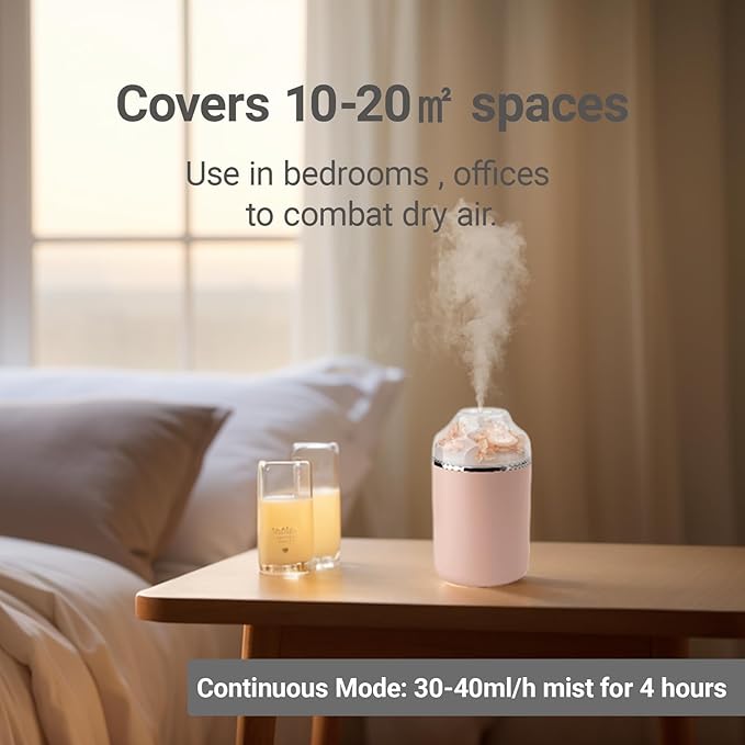 Portable USB Humidifier with 7-Color Mood Light | 280ml Quiet Mist for Bedroom, Office, Car | Auto Shut-Off & 8H Runtime (Pink)