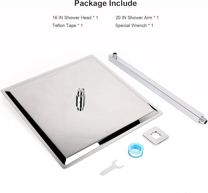 HarJue Shower Head with Extension Arm, High Pressure Square with ShowerArm, Stainless Steel Rainfall-Waterfall Full Body Coverage (16'' Shower with 20'' Arm, Chrome)