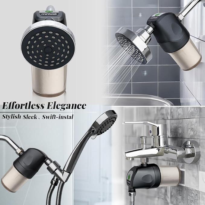 Miniwell Shower Filter System - Purify Water, Reduce Hard Water and Chlorine, Soften Skin and Hair | Bathroom Filter for Contaminants (Black)