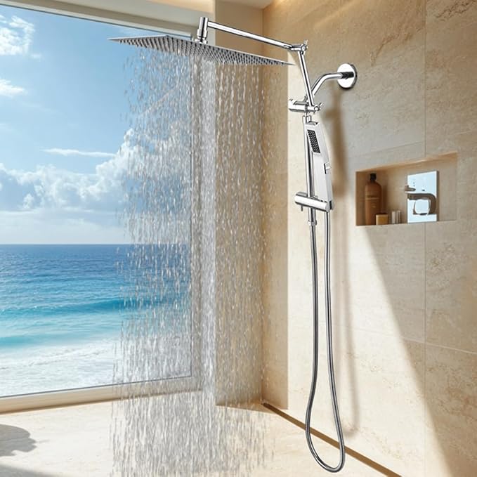 All Metal 12 Inch Rain Shower Head with Handheld Spray Combo, High Pressure Waterfall Rainfall Square Shower Heads with 16" Adjustable Extension Arm, Dual Showerhead with 3-Way Diverter, Chrome