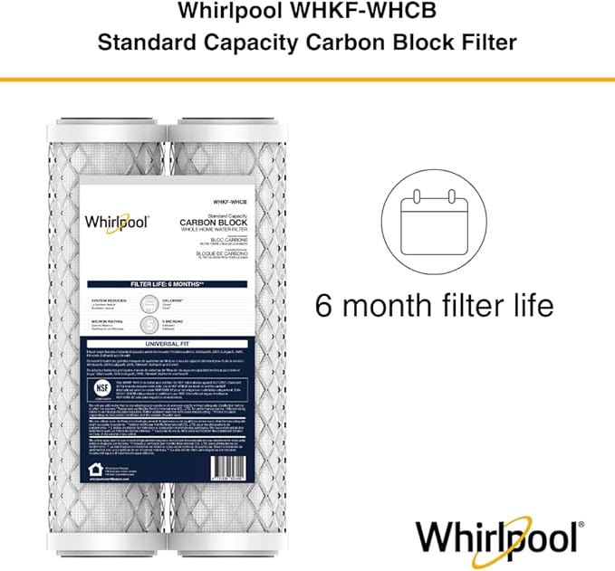 Whirlpool 10" x 2.5" Carbon Block Water Filter WHKF-WHCB, NSF Certified 5 Micron Reduces Chlorine and Sediment, 6-Month Life, CTO Replacement Cartridge Fits Most Home Filter Housings