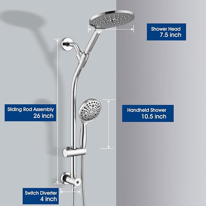 High Pressure Shower Head with Handheld Shower, 26" Adjustable Height Drill-Free Slide Bar, 3-Way Diverter for Easy Reach, Dual Shower Head Combo Set with 5ft Hose - Chrome