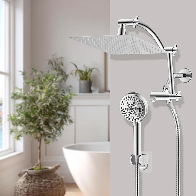 Hibbent All Metal Shower Head, 10'' High Pressure Rain Shower Head/Handheld Showerhead Combo with 16'' Adjustable Arc-shaped Extension Arm, 10 Sprays, 71'' Hose, Adhesive Showerhead Holder, Chrome