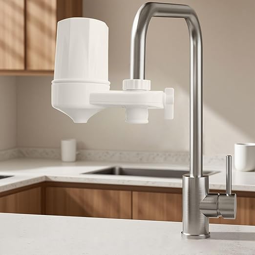 Faucet Mount Water Filter for Sink Faucet Tap Water Filter for Kitchen Sink 4-Stage Advanced Filtration Reduces Chlorine Heavy Metals Easy Install Compatible with Standard Faucets 1 Pack (White)