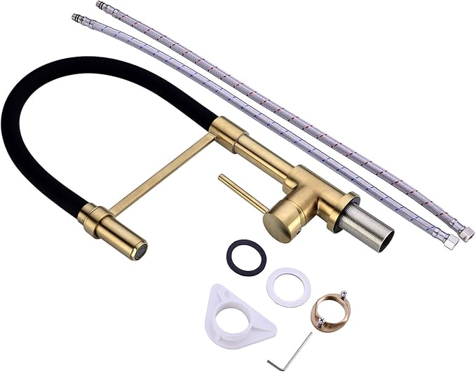 Gold and Black Kitchen Faucet, Kitchen Sink Faucet with Pull Down Spray, Solid Brass Kitchen Faucet with Silicon Hose 360 Swivel
