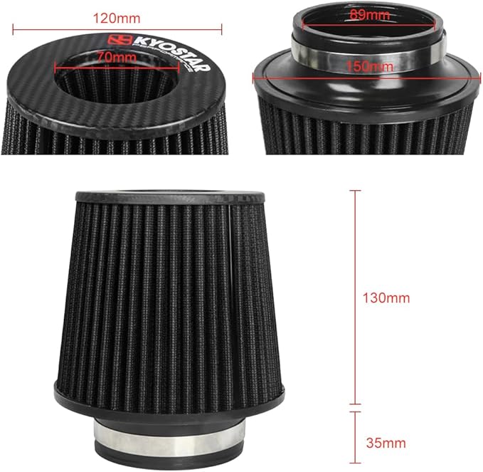 Kyostar Universal Carbon Fiber 3.5 Inch 89mm Air Intake Cone Filter Replacement Quality Dry Air Filter, Black
