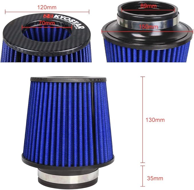 Kyostar Universal Carbon Fiber 3.5 Inch 89mm Air Intake Cone Filter Replacement Quality Dry Air Filter, Blue
