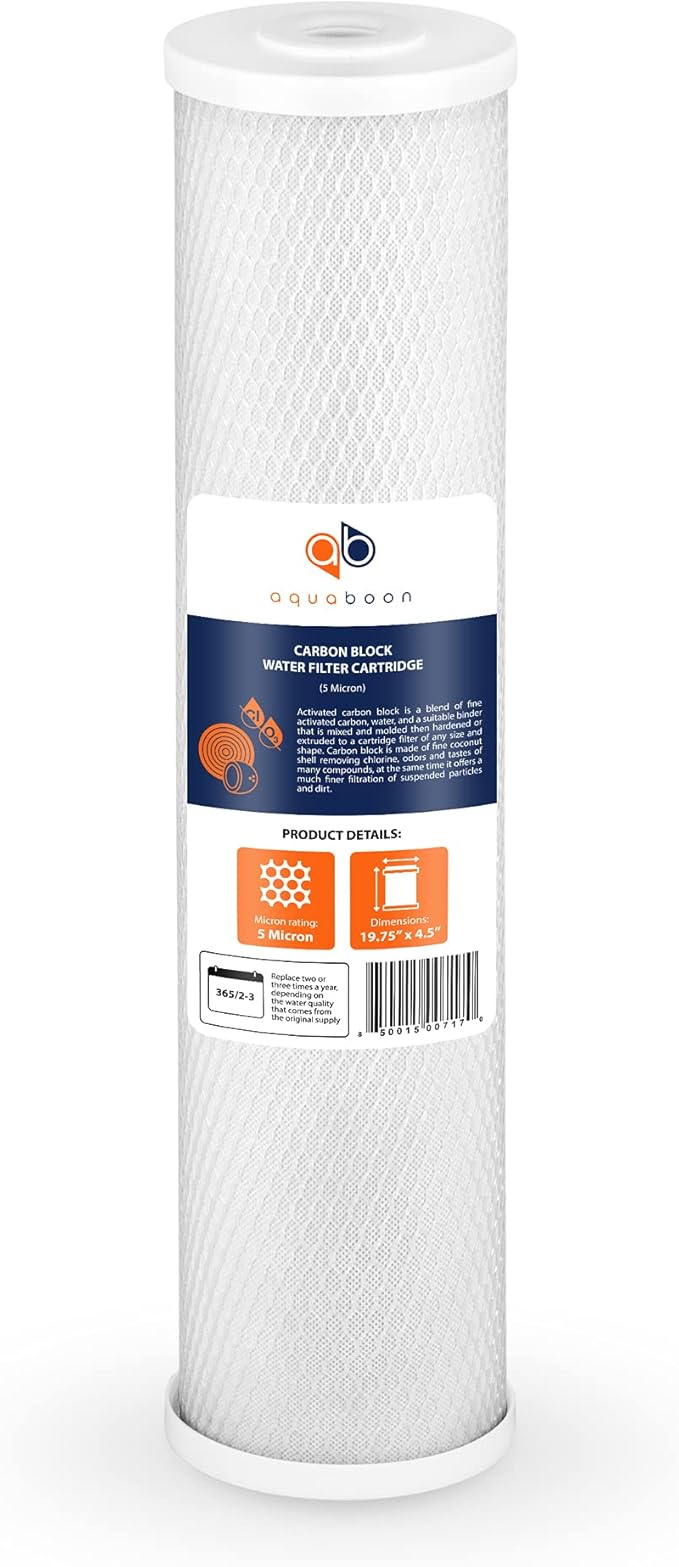 Aquaboon 4.5 x 20 Water Filter 5 Micron Carbon Block Water Filter Replacement Cartridge Large Capacity for Whole Home Water Filtration Compatible with Pelican Water PRL-RCL, Pentek EP-20BB (6 Pack)