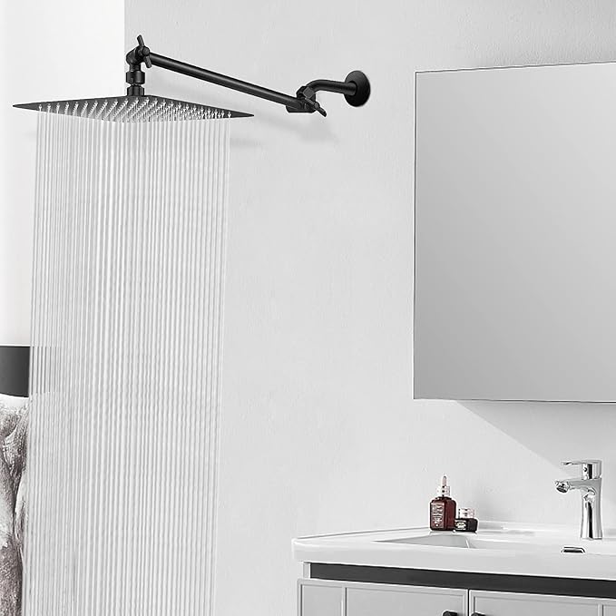 HarJue High Pressure Large Stainless Steel Square Rain ShowerHead With Shower Arm Waterfall Full Body Coverage Easy to Clean and Install (12 Inch With Arm, Matte Black)