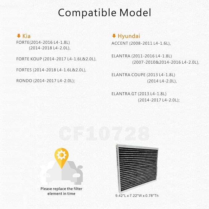 CF10728 Cabin Air Filter with Activated Carbon, Compatible with Hyundai Accent 2008-2011/Elantra 2007-2016 & 2013-17 Elantra GT, Kia Forte 2014-2018 / Forte Koup 2014-2017 / Forte5 2014-2018