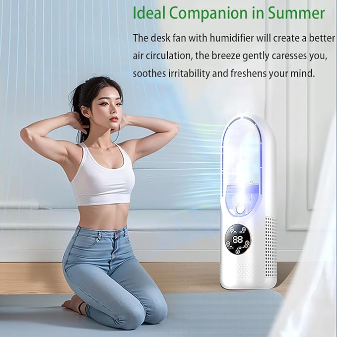 Desk Bladeless Fan with Humidifier, Small Personal Misting Fan for Sleep with 6 Speeds, Quiet Bedside Fans for Bedroom with Timer and LED Light, Table Fan for Home Office Desktop