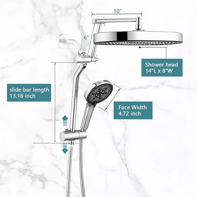 14" x 8" Rectangle High Pressure Rainfall Shower Head with Handheld Combo, 6 Setting Handheld Shower Head, Adjustable Height Shower Extension Arm and Slide Bar for Easy Reach - Chrome