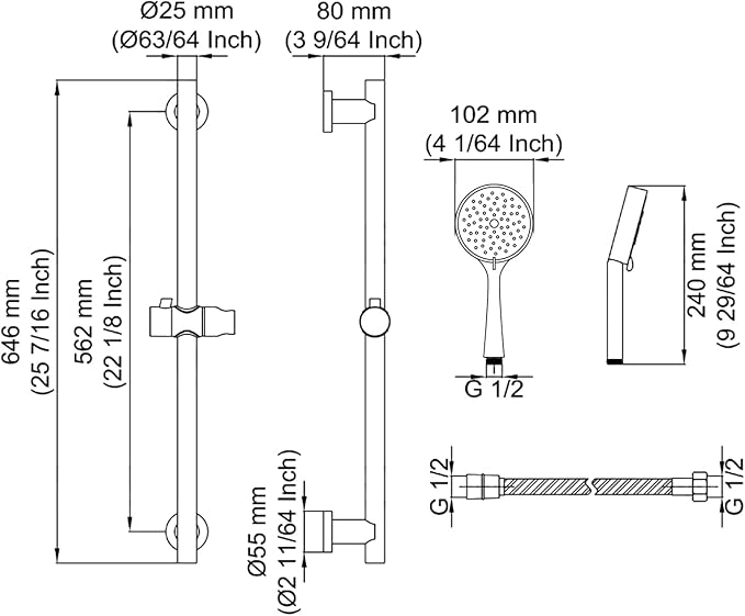 Shower Slide Bar Handheld Shower Head with Hose, 5-Function Hand Shower with Wall Mount,shower slide bar,adjustable height shower head (A-round, Brushed Gold)
